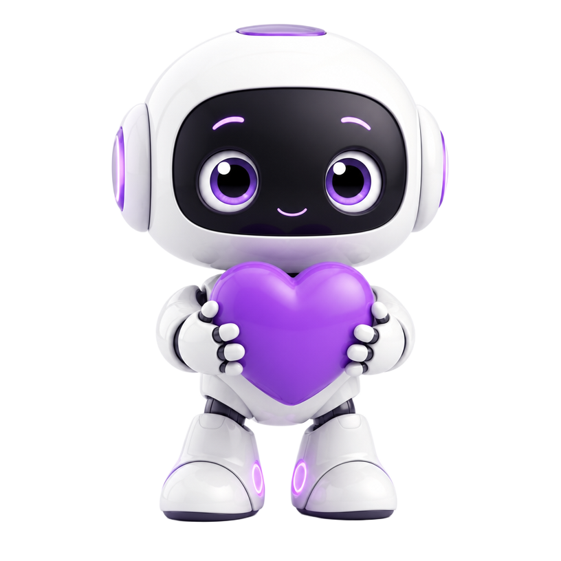 Siggy, the Siggy Match robot mascot, holding a purple heart